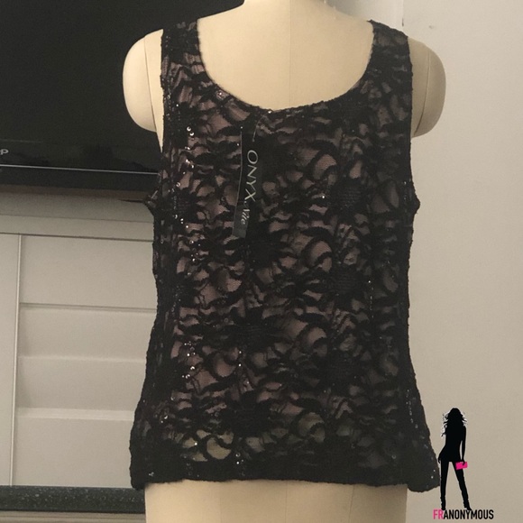 Sequin Embellished Black Lace Sleeveless Top - Picture 4 of 4